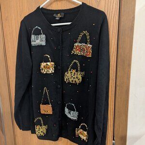 Quacker Factory Embellished Beaded Sequin Purse Lover Cardigan Sweater-Small